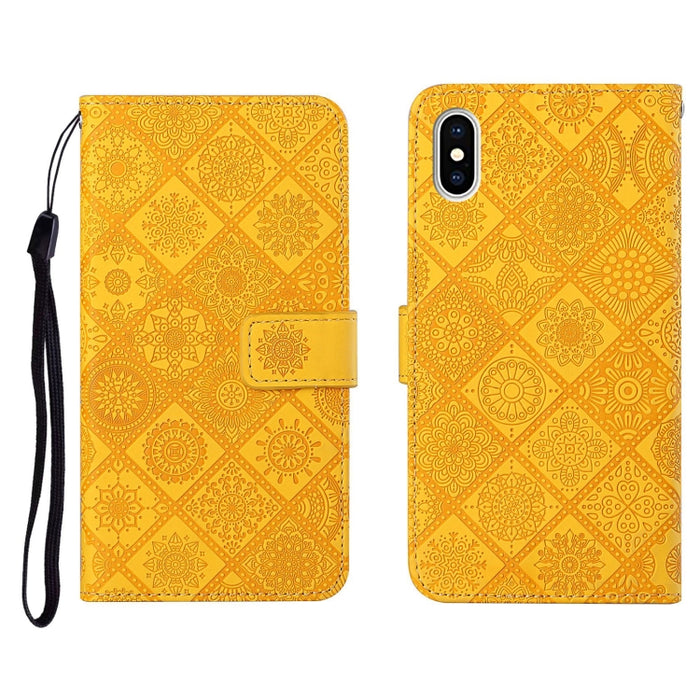 Estuche de cuero con tapa horizontal con patrón en relieve de estilo étnico con soporte y ranuras para tarjetas y billetera y cordón