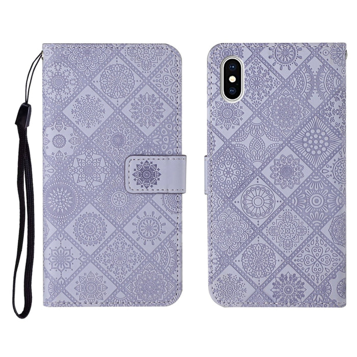 Estuche de cuero con tapa horizontal con patrón en relieve de estilo étnico con soporte y ranuras para tarjetas y billetera y cordón