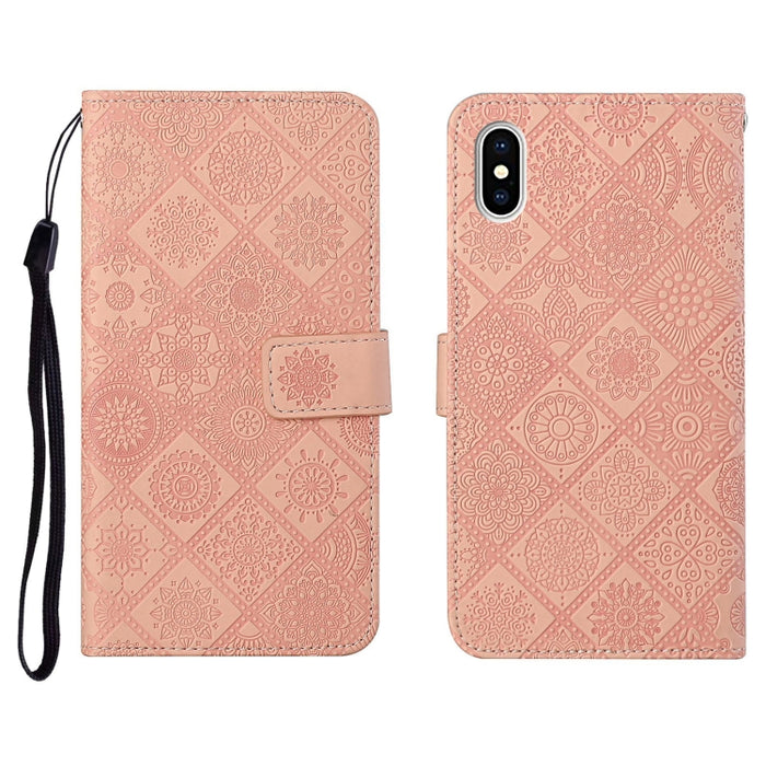 Estuche de cuero con tapa horizontal con patrón en relieve de estilo étnico con soporte y ranuras para tarjetas y billetera y cordón