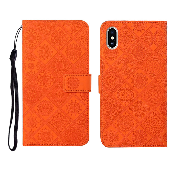 Estuche de cuero con tapa horizontal con patrón en relieve de estilo étnico con soporte y ranuras para tarjetas y billetera y cordón