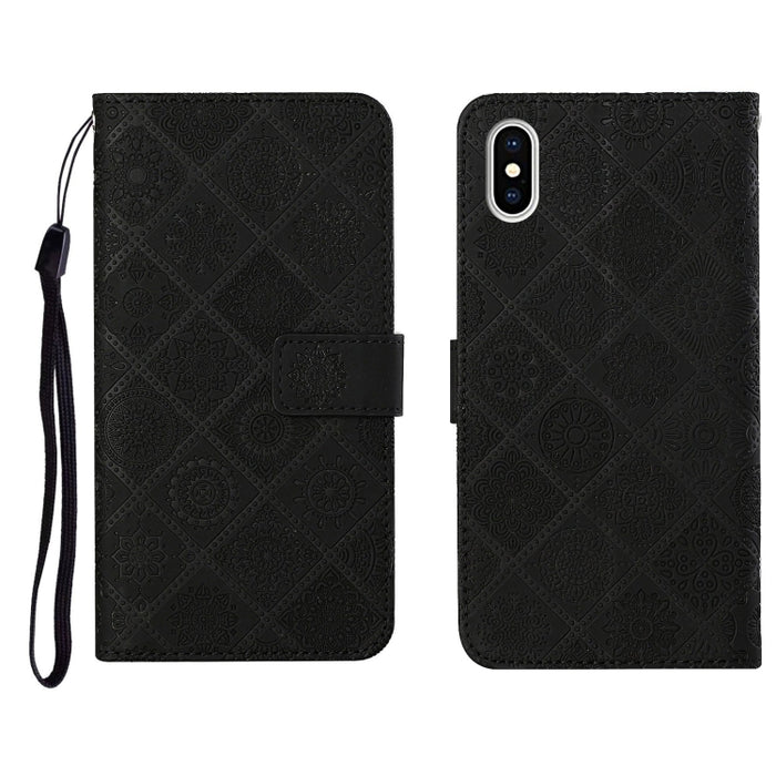 Estuche de cuero con tapa horizontal con patrón en relieve de estilo étnico con soporte y ranuras para tarjetas y billetera y cordón