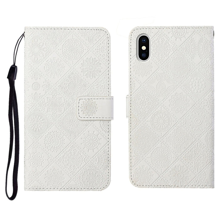 Estuche de cuero con tapa horizontal con patrón en relieve de estilo étnico con soporte y ranuras para tarjetas y billetera y cordón