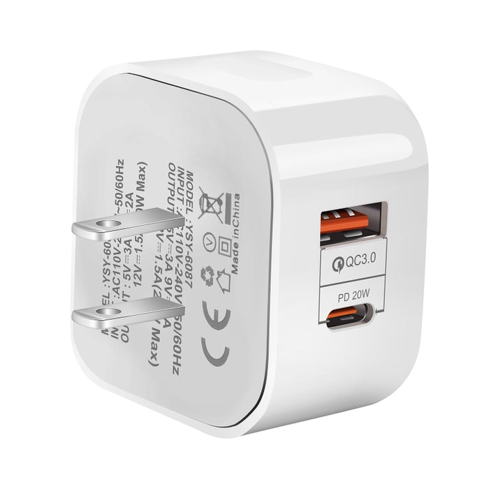Adaptador de corriente de cargador de viaje de dos puertos PD + QC 3.0 de 20 W,