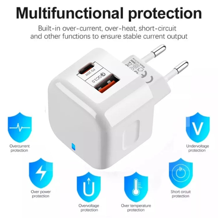Adaptador de corriente de cargador de viaje de dos puertos PD + QC 3.0 de 20 W,