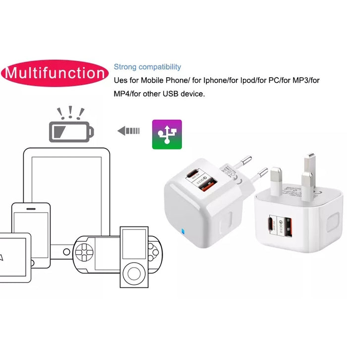 Adaptador de corriente de cargador de viaje de dos puertos PD + QC 3.0 de 20 W,