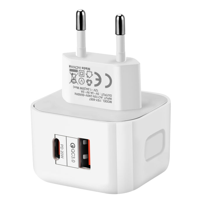 Adaptador de corriente de cargador de viaje de dos puertos PD + QC 3.0 de 20 W,