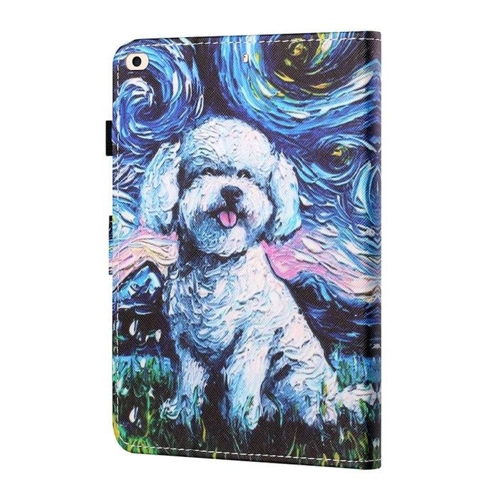 Estuche de cuero plano pintado horizontal con hilo de coser con cubierta para bolígrafo y tira antideslizante y ranura para tarjeta y soporte y función de reposo/activación