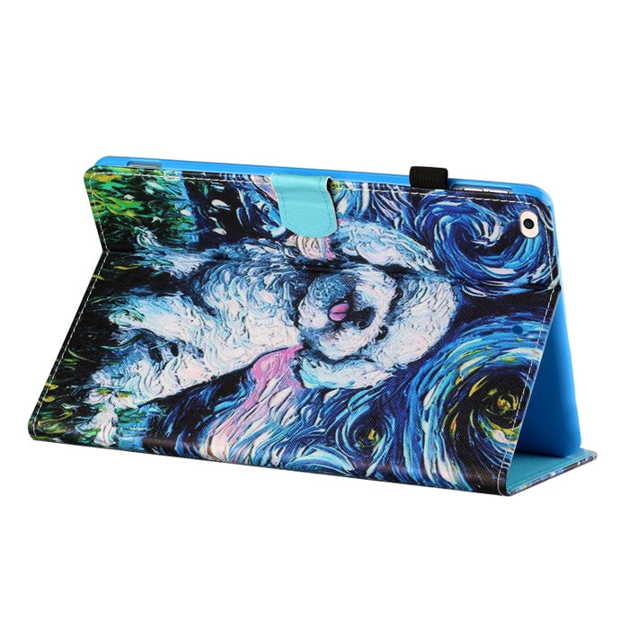 Estuche de cuero plano pintado horizontal con hilo de coser con cubierta para bolígrafo y tira antideslizante y ranura para tarjeta y soporte y función de reposo/activación