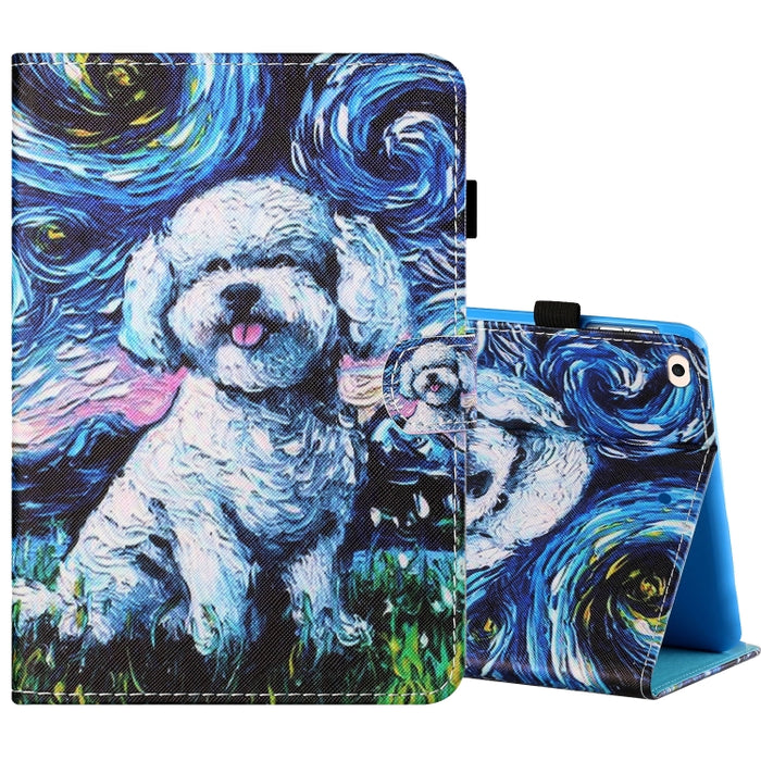 Estuche de cuero plano pintado horizontal con hilo de coser con cubierta para bolígrafo y tira antideslizante y ranura para tarjeta y soporte y función de reposo/activación