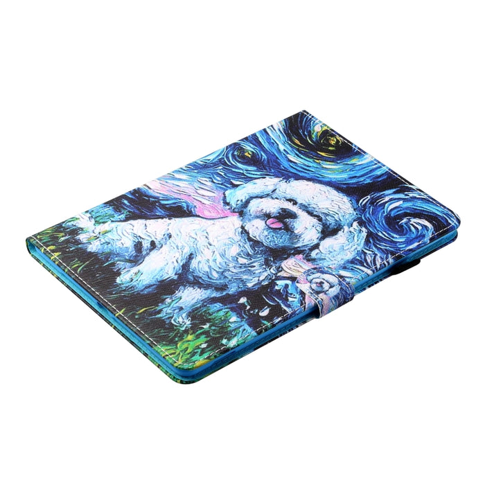 Estuche de cuero plano pintado horizontal con hilo de coser con cubierta para bolígrafo y tira antideslizante y ranura para tarjeta y soporte y función de reposo/activación