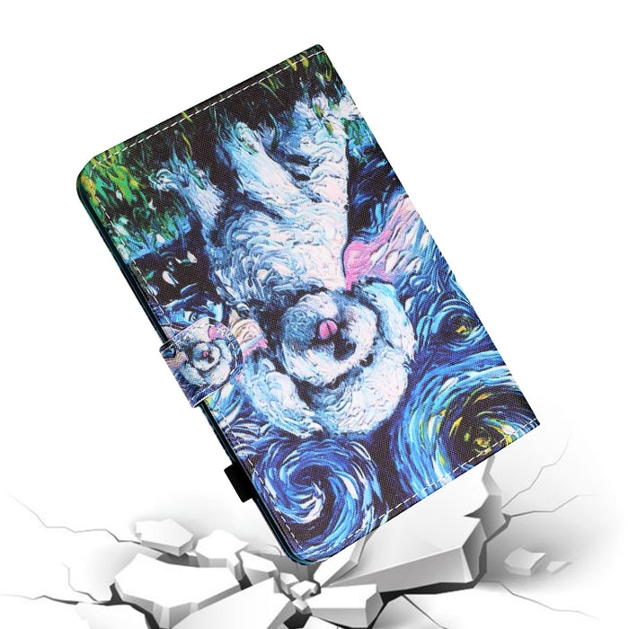 Estuche de cuero plano pintado horizontal con hilo de coser con cubierta para bolígrafo y tira antideslizante y ranura para tarjeta y soporte y función de reposo/activación
