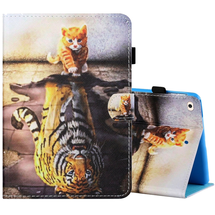 Estuche de cuero plano pintado horizontal con hilo de coser con cubierta para bolígrafo y tira antideslizante y ranura para tarjeta y soporte y función de reposo/activación