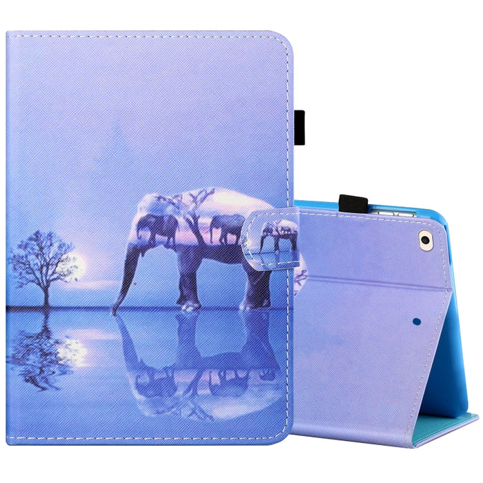 Estuche de cuero plano pintado horizontal con hilo de coser con cubierta para bolígrafo y tira antideslizante y ranura para tarjeta y soporte y función de reposo/activación