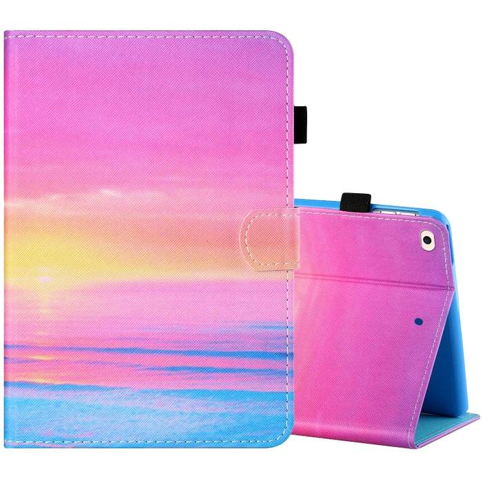 Estuche de cuero plano pintado horizontal con hilo de coser con cubierta para bolígrafo y tira antideslizante y ranura para tarjeta y soporte y función de reposo/activación