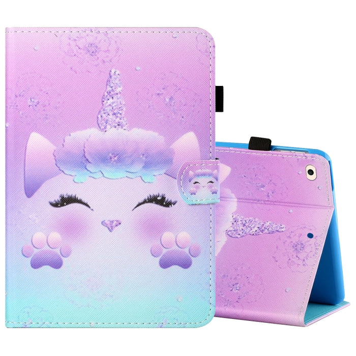 Estuche de cuero plano pintado horizontal con hilo de coser con cubierta para bolígrafo y tira antideslizante y ranura para tarjeta y soporte y función de reposo/activación