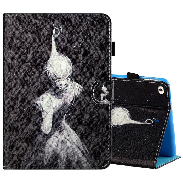 Estuche de cuero plano pintado horizontal con hilo de coser con cubierta para bolígrafo y tira antideslizante y ranura para tarjeta y soporte y función de reposo/activación