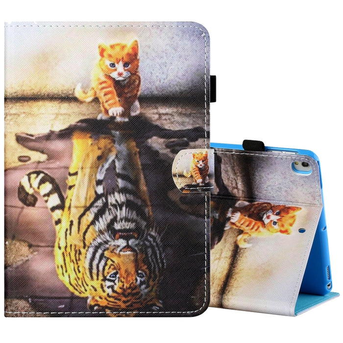 Estuche de cuero plano pintado horizontal con hilo de coser con cubierta para bolígrafo y tira antideslizante y ranura para tarjeta y soporte y función de reposo/activación