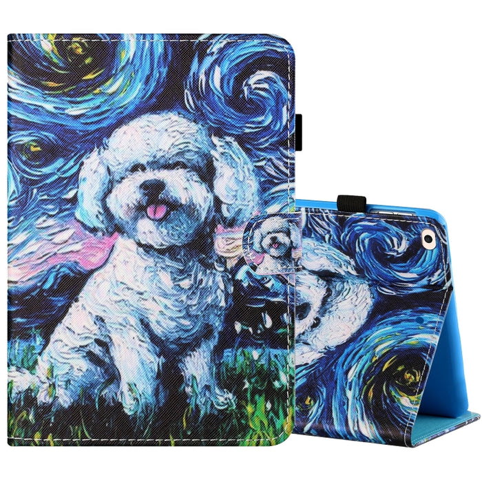 Estuche de cuero plano pintado horizontal con hilo de coser con cubierta para bolígrafo y tira antideslizante y ranura para tarjeta y soporte y función de reposo/activación