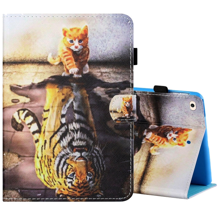 Estuche de cuero plano pintado horizontal con hilo de coser con cubierta para bolígrafo y tira antideslizante y ranura para tarjeta y soporte y función de reposo/activación