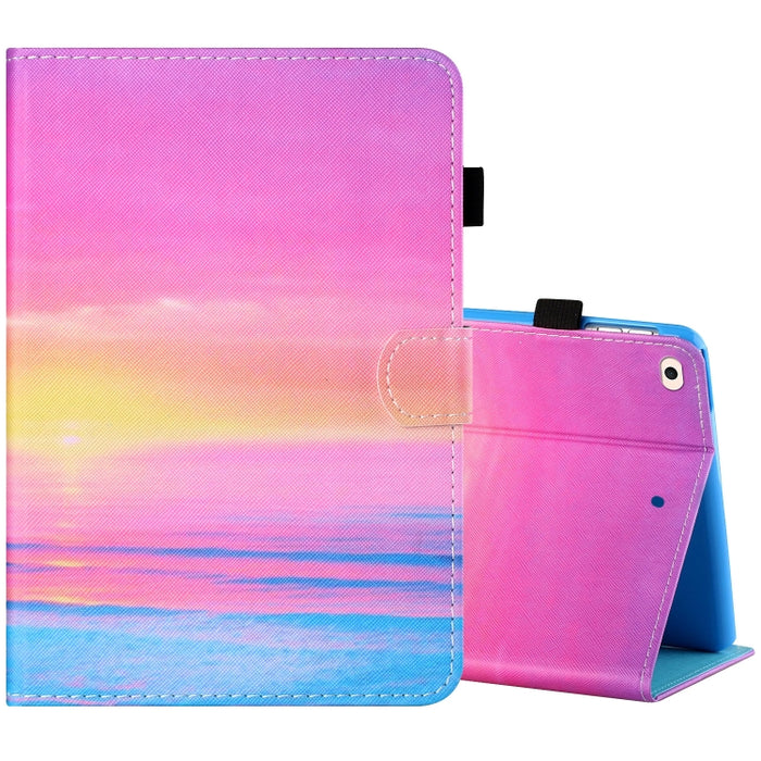 Estuche de cuero plano pintado horizontal con hilo de coser con cubierta para bolígrafo y tira antideslizante y ranura para tarjeta y soporte y función de reposo/activación