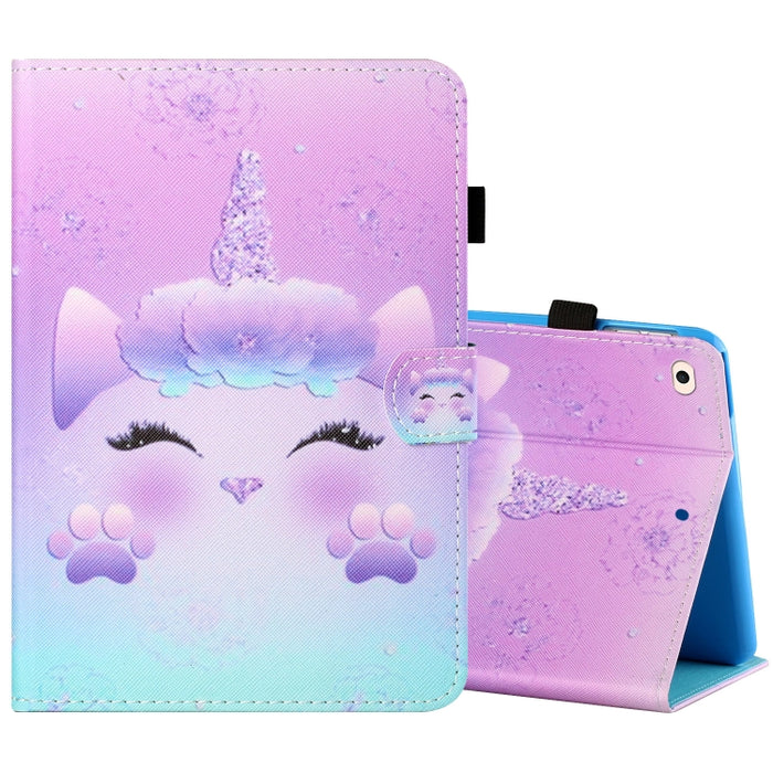 Estuche de cuero plano pintado horizontal con hilo de coser con cubierta para bolígrafo y tira antideslizante y ranura para tarjeta y soporte y función de reposo/activación