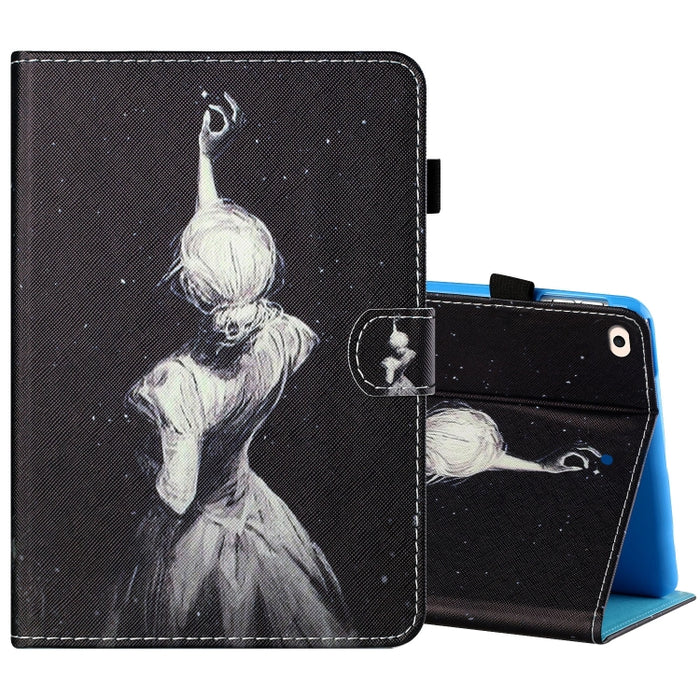 Estuche de cuero plano pintado horizontal con hilo de coser con cubierta para bolígrafo y tira antideslizante y ranura para tarjeta y soporte y función de reposo/activación