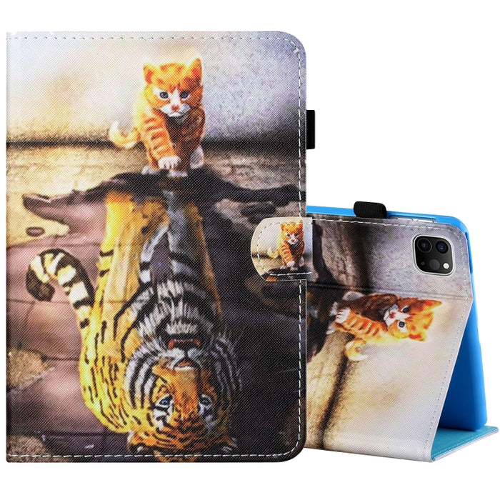 Estuche de cuero plano pintado horizontal con hilo de coser con cubierta para bolígrafo y tira antideslizante y ranura para tarjeta y soporte y función de reposo/activación