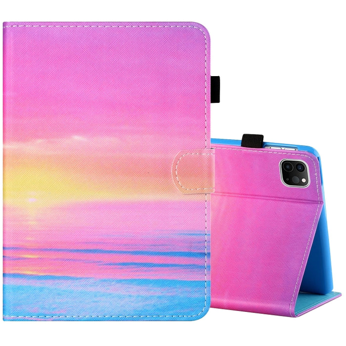 Estuche de cuero plano pintado horizontal con hilo de coser con cubierta para bolígrafo y tira antideslizante y ranura para tarjeta y soporte y función de reposo/activación
