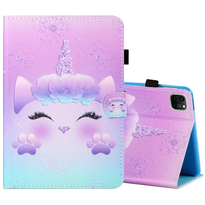 Estuche de cuero plano pintado horizontal con hilo de coser con cubierta para bolígrafo y tira antideslizante y ranura para tarjeta y soporte y función de reposo/activación