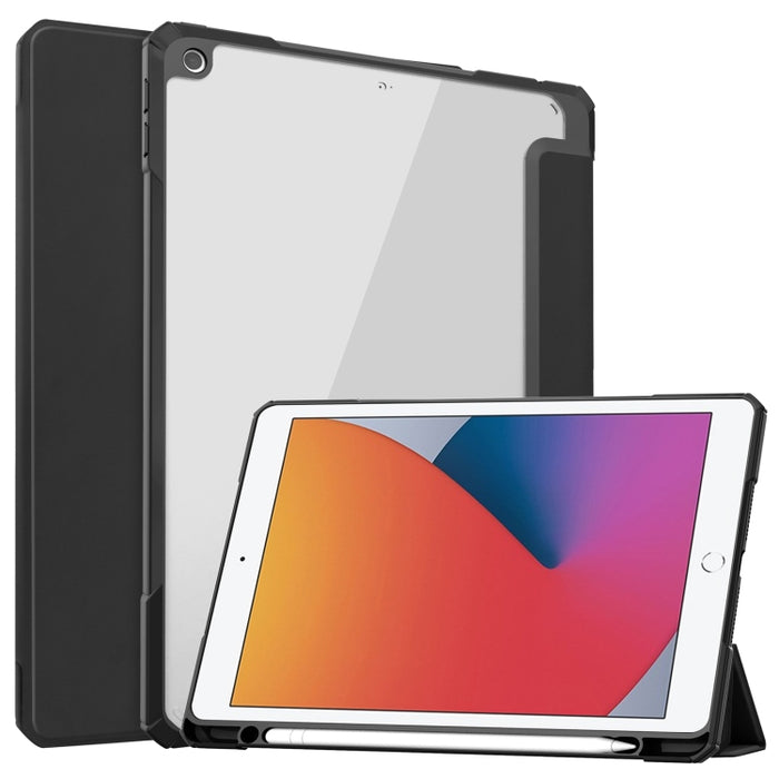 Acrílico transparente + cubierta trasera de TPU Funda de cuero con tapa horizontal con soporte de 3 pliegues y portalápices y función de reposo / activación