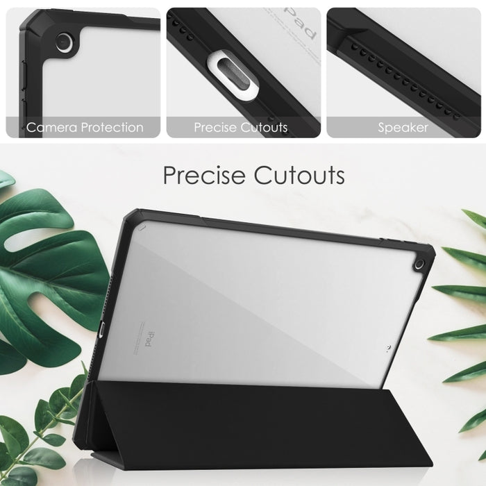 Acrílico transparente + cubierta trasera de TPU Funda de cuero con tapa horizontal con soporte de 3 pliegues y portalápices y función de reposo / activación