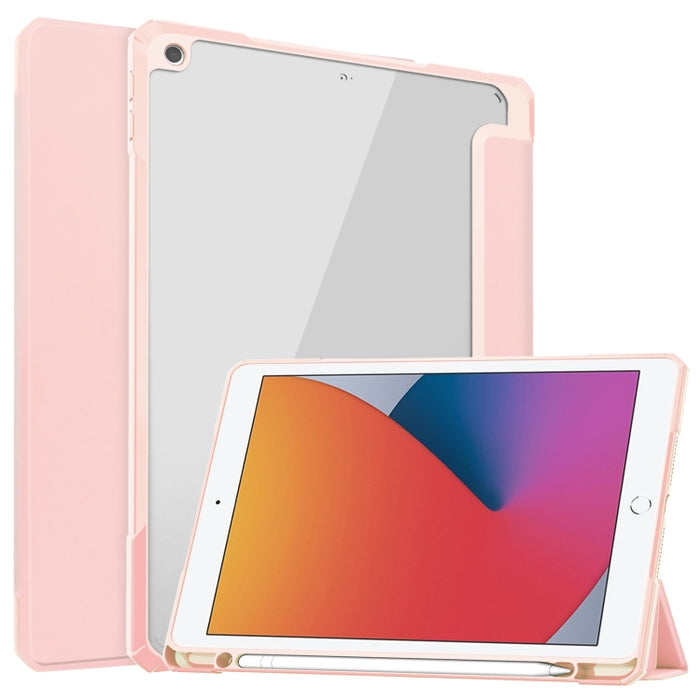 Acrílico transparente + cubierta trasera de TPU Funda de cuero con tapa horizontal con soporte de 3 pliegues y portalápices y función de reposo / activación