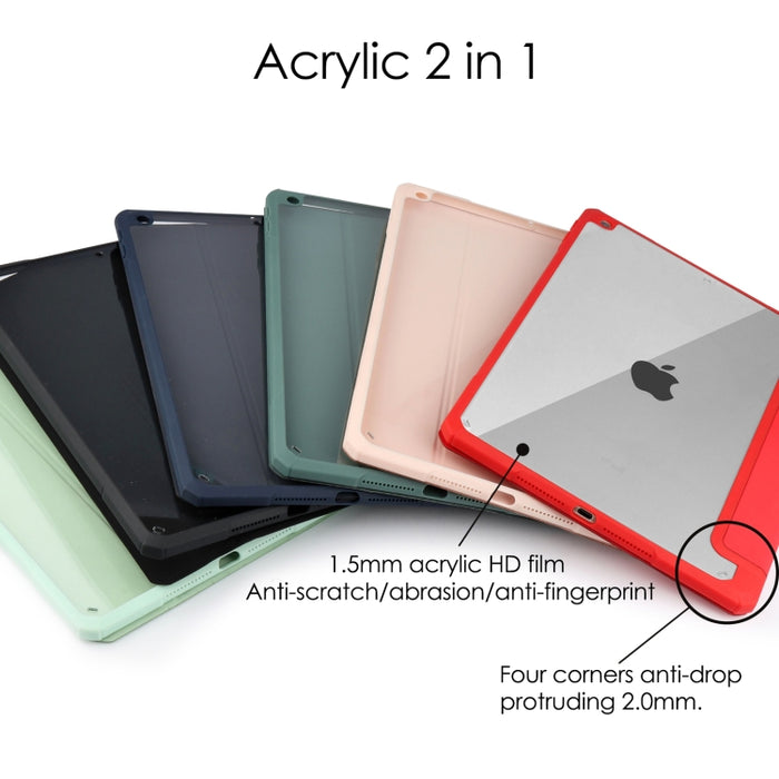 Acrílico transparente + cubierta trasera de TPU Funda de cuero con tapa horizontal con soporte de 3 pliegues y portalápices y función de reposo / activación