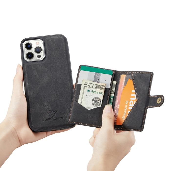 JEEHOOD Estuche de cuero desmontable magnético retro con billetera y ranura para tarjeta y soporte