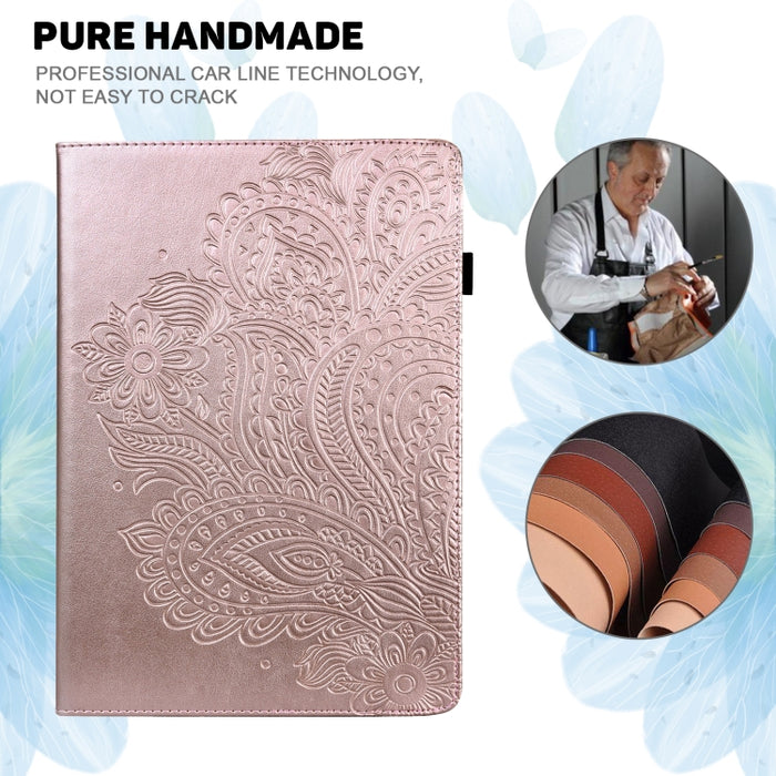Patrón en relieve de pavo real TPU + PU Estuche de cuero con tapa horizontal con soporte y ranuras para tarjetas y billetera y función de reposo / activación