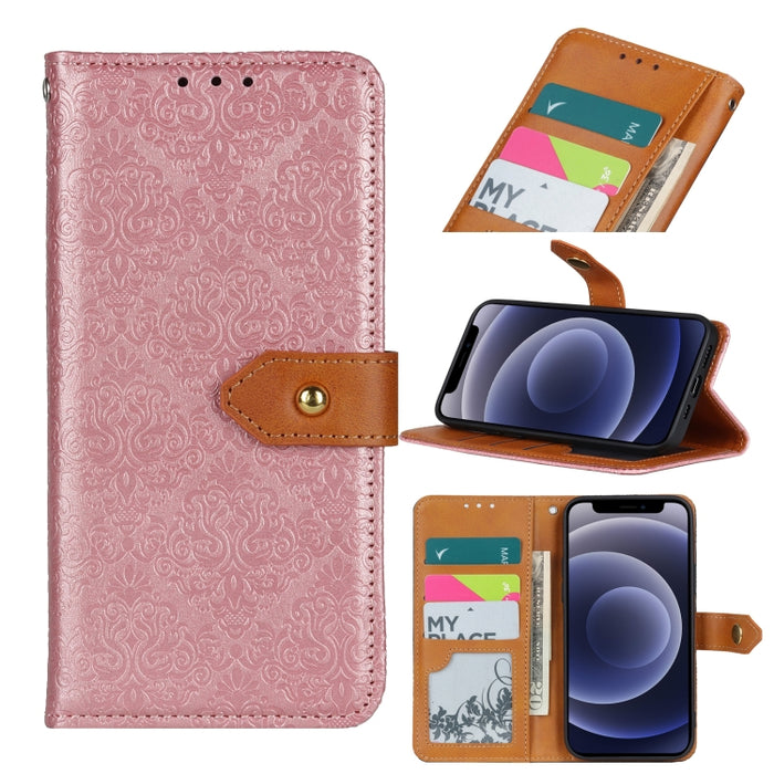 Estuche de cuero de PU con tapa horizontal y hebilla de cobre en relieve floral europeo con soporte y ranuras para tarjetas y billetera y marco de fotos