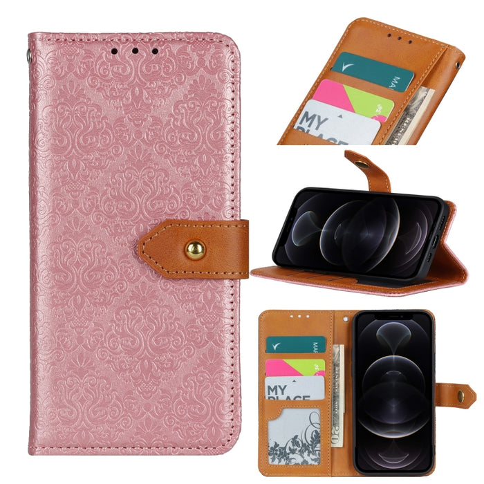 Estuche de cuero de PU con tapa horizontal y hebilla de cobre en relieve floral europeo con soporte y ranuras para tarjetas y billetera y marco de fotos
