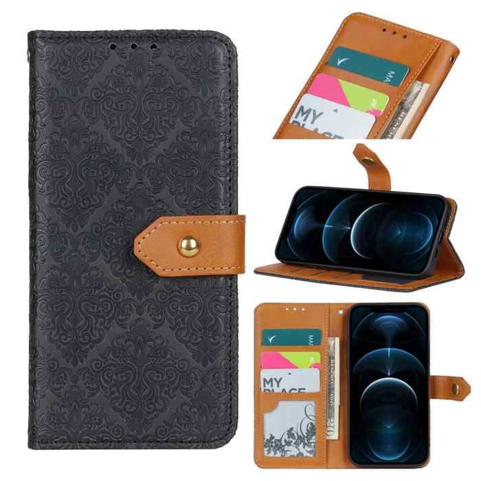 Estuche de cuero de PU con tapa horizontal y hebilla de cobre en relieve floral europeo con soporte y ranuras para tarjetas y billetera y marco de fotos