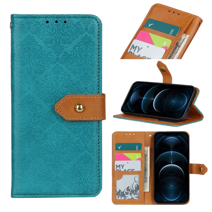 Estuche de cuero de PU con tapa horizontal y hebilla de cobre en relieve floral europeo con soporte y ranuras para tarjetas y billetera y marco de fotos