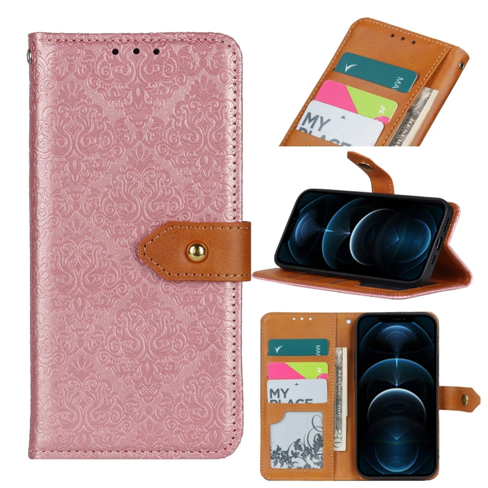 Estuche de cuero de PU con tapa horizontal y hebilla de cobre en relieve floral europeo con soporte y ranuras para tarjetas y billetera y marco de fotos