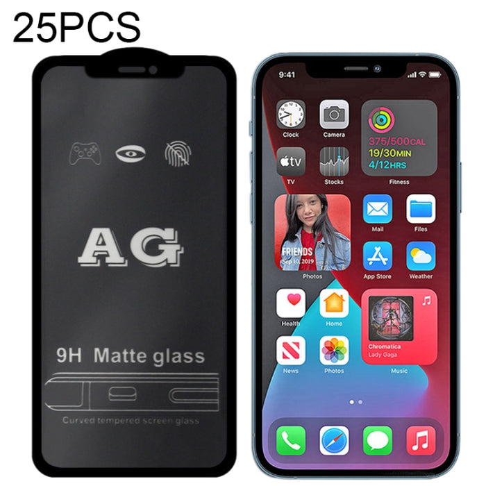 25 PCS AG Película de vidrio templado de cubierta completa esmerilada mate, For iPhone 12 mini, For iPhone 12 / 12 Pro, For iPhone 12 Pro Max