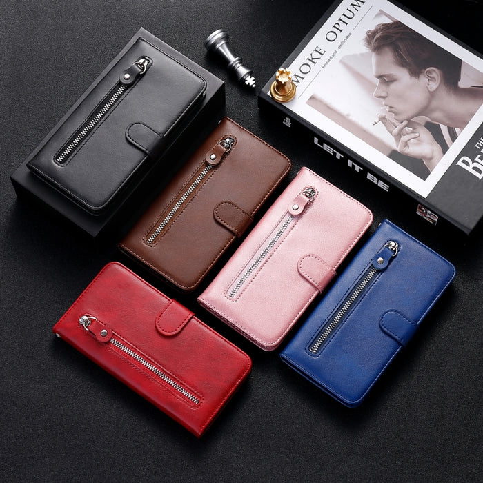 Estuche de cuero con tapa horizontal y cremallera con textura de becerro a la moda con soporte, ranuras para tarjetas y billetera, For OPPO F17 Pro / A93, For OPPO Realme 5 / 5s / C3, For Google Pixel 4a 4G, For Google Pixel 5 XL / Pixel 4a 5G         ...