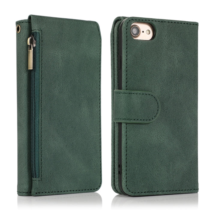 Funda de cuero con cremallera con textura de caballo loco con textura de piel, funda de cuero con tapa horizontal con soporte y ranuras para tarjetas, billetera y cordón, For iPhone 6, For iPhone 6 Plus, For iPhone SE 2022 / SE 2020 / 8 / 7            ...