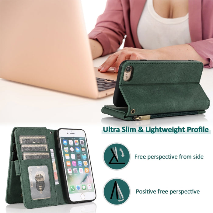 Funda de cuero con cremallera con textura de caballo loco con textura de piel, funda de cuero con tapa horizontal con soporte y ranuras para tarjetas, billetera y cordón, For iPhone 6, For iPhone 6 Plus, For iPhone SE 2022 / SE 2020 / 8 / 7            ...