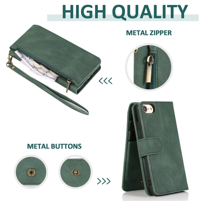 Funda de cuero con cremallera con textura de caballo loco con textura de piel, funda de cuero con tapa horizontal con soporte y ranuras para tarjetas, billetera y cordón, For iPhone 6, For iPhone 6 Plus, For iPhone SE 2022 / SE 2020 / 8 / 7            ...