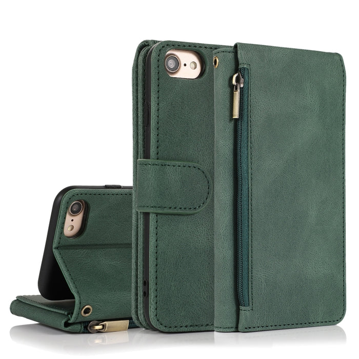 Funda de cuero con cremallera con textura de caballo loco con textura de piel, funda de cuero con tapa horizontal con soporte y ranuras para tarjetas, billetera y cordón, For iPhone 6, For iPhone 6 Plus, For iPhone SE 2022 / SE 2020 / 8 / 7            ...