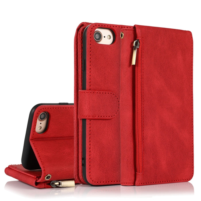 Funda de cuero con cremallera con textura de caballo loco con textura de piel, funda de cuero con tapa horizontal con soporte y ranuras para tarjetas, billetera y cordón, For iPhone 6, For iPhone 6 Plus, For iPhone SE 2022 / SE 2020 / 8 / 7            ...