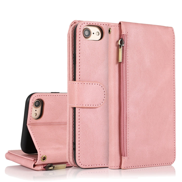 Funda de cuero con cremallera con textura de caballo loco con textura de piel, funda de cuero con tapa horizontal con soporte y ranuras para tarjetas, billetera y cordón, For iPhone 6, For iPhone 6 Plus, For iPhone SE 2022 / SE 2020 / 8 / 7            ...