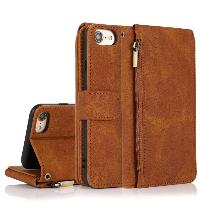 Funda de cuero con cremallera con textura de caballo loco con textura de piel, funda de cuero con tapa horizontal con soporte y ranuras para tarjetas, billetera y cordón, For iPhone 6, For iPhone 6 Plus, For iPhone SE 2022 / SE 2020 / 8 / 7            ...