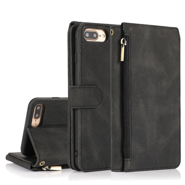 Funda de cuero con cremallera con textura de caballo loco con textura de piel, funda de cuero con tapa horizontal con soporte y ranuras para tarjetas, billetera y cordón, For iPhone 6, For iPhone 6 Plus, For iPhone SE 2022 / SE 2020 / 8 / 7            ...